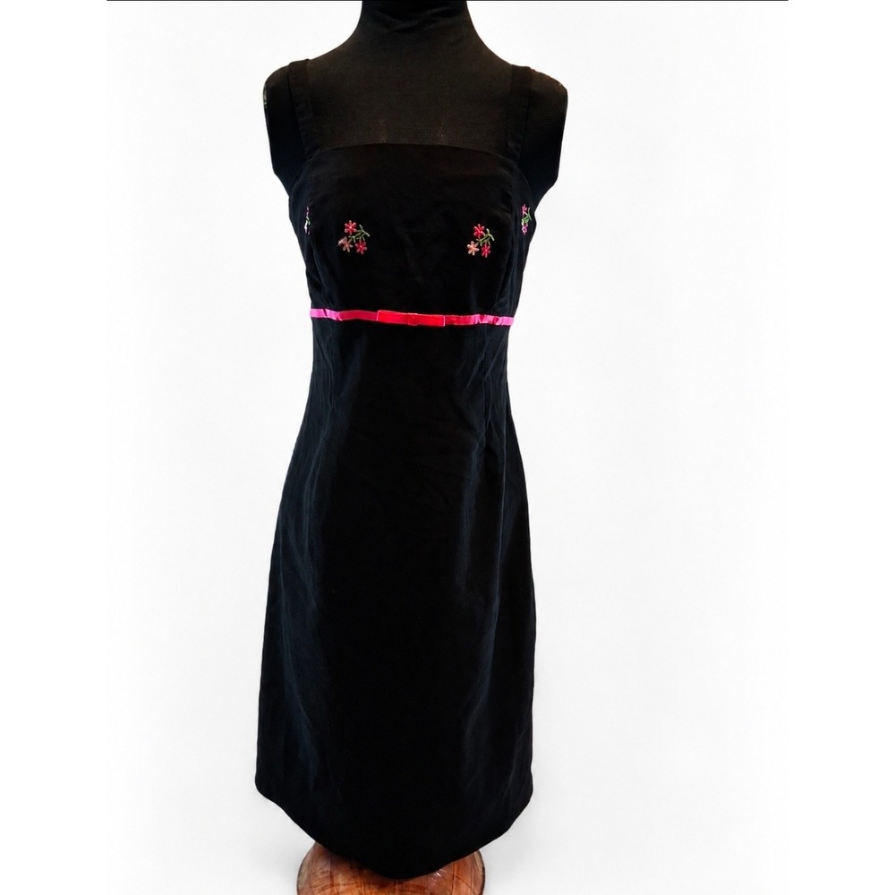 Giorgio Fiorlini Collection Black Sheath Dress Floral Embroidery Pink Ribbon 4